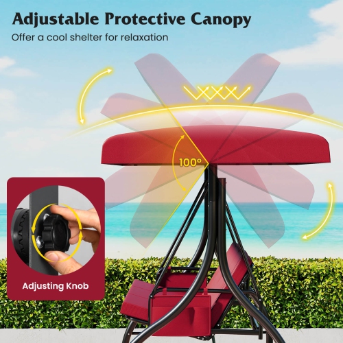 Costway 3-Seat Patio Swing with Canopy with Removable Cushions & Side Pockets Stand Black/Gray/Red/Brown/Beige