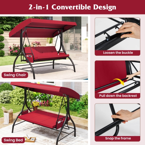 Costway 3-Seat Patio Swing with Canopy with Removable Cushions & Side Pockets Stand Black/Gray/Red/Brown/Beige