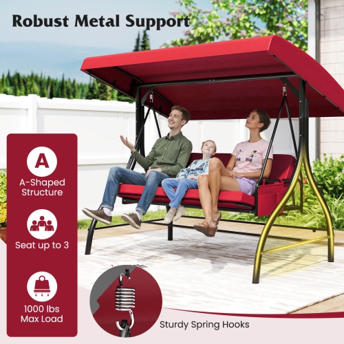 Costway 3-Seat Patio Swing with Canopy with Removable Cushions & Side Pockets Stand Black/Gray/Red/Brown/Beige