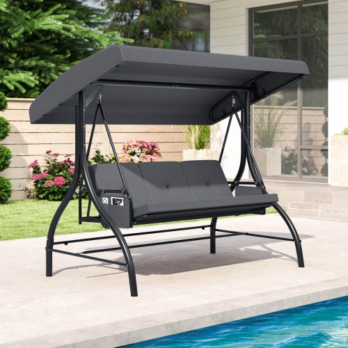 Costway 3-Seat Patio Swing with Canopy with Removable Cushions & Side Pockets Stand Black/Gray/Red/Brown/Beige