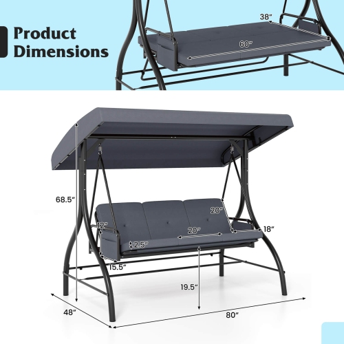 Costway 3-Seat Patio Swing with Canopy with Removable Cushions & Side Pockets Stand Black/Gray/Red/Brown/Beige