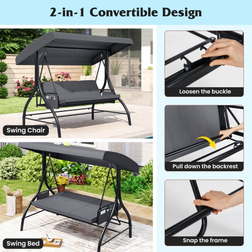 Costway 3-Seat Patio Swing with Canopy with Removable Cushions & Side Pockets Stand Black/Gray/Red/Brown/Beige