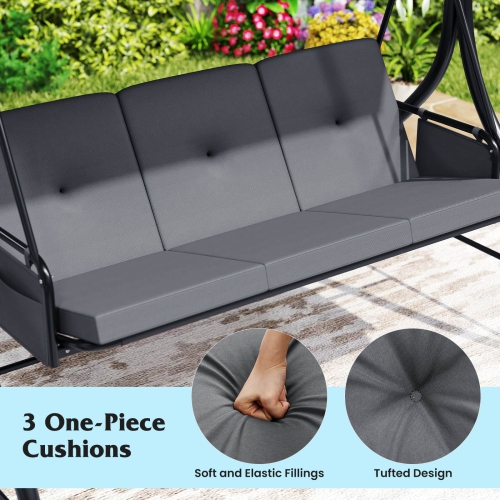 Costway 3-Seat Patio Swing with Canopy with Removable Cushions & Side Pockets Stand Black/Gray/Red/Brown/Beige
