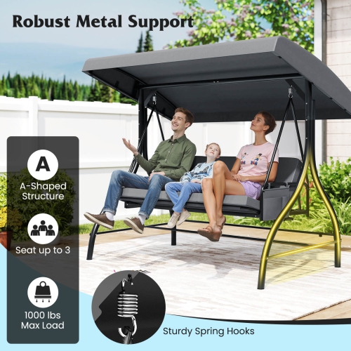 Costway 3-Seat Patio Swing with Canopy with Removable Cushions & Side Pockets Stand Black/Gray/Red/Brown/Beige