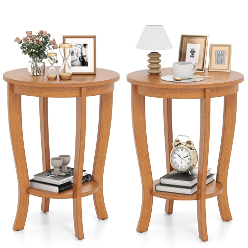 Costway 2 PCS 2-Tier End Table 18" Round Compact Sofa Side Nightstand with Storage Shelf