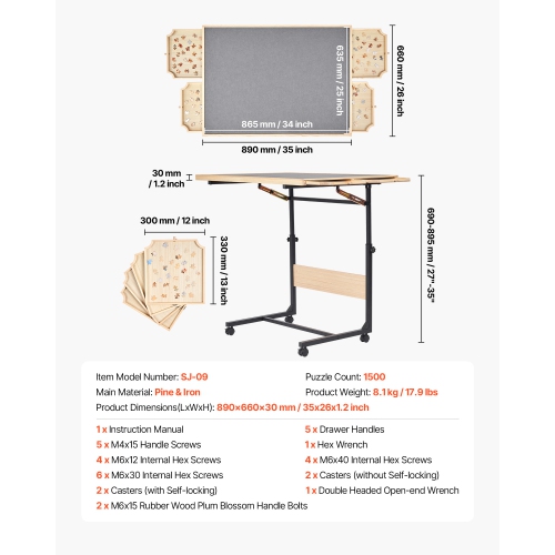 Table de casse-tête VEVOR de 1500 x 25&nbsp;po avec pattes, 4 tiroirs et couvercle, planche en bois portative à roulettes, accessoires de casse-tête