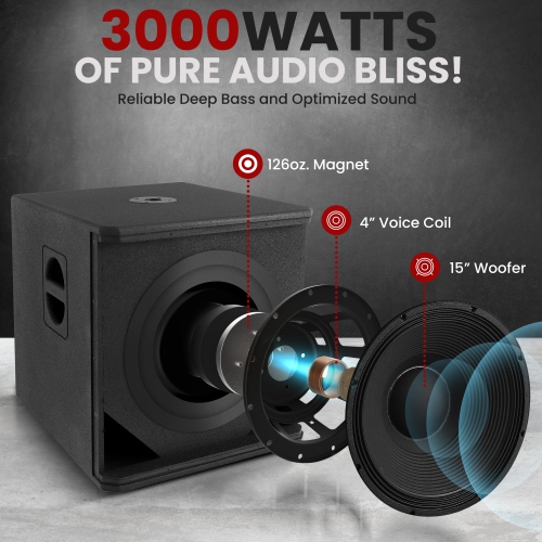 Pyle 3000 W – Haut-parleur d'extrêmes graves amplifié de 15 po, DSP, graves puissants, support de poteau, poignées Pour le cinéma maison,