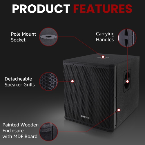 Pyle 3000 W – Haut-parleur d'extrêmes graves amplifié de 15 po, DSP, graves puissants, support de poteau, poignées Pour le cinéma maison,