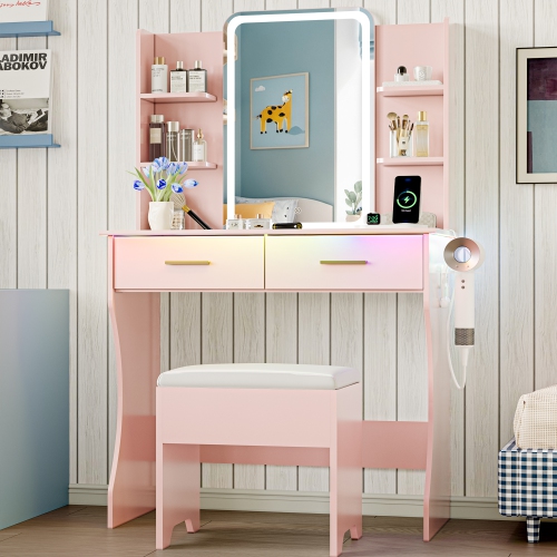 Vanity Desk with LED Lights Mirror & Power Outlet, Small Makeup Vanity Table Set with Storage Drawers & Chair, 3 Lighting Modes & Adjustable