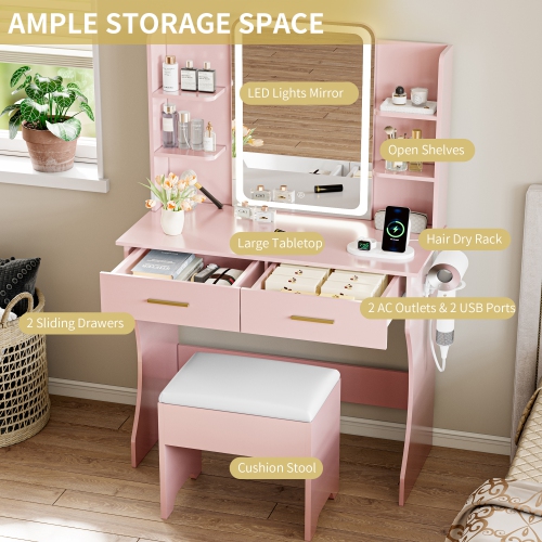 Vanity Desk with LED Lights Mirror & Power Outlet, Small Makeup Vanity Table Set with Storage Drawers & Chair, 3 Lighting Modes & Adjustable