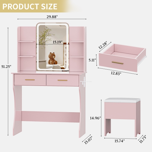 Vanity Desk with LED Lights Mirror & Power Outlet, Small Makeup Vanity Table Set with Storage Drawers & Chair, 3 Lighting Modes & Adjustable