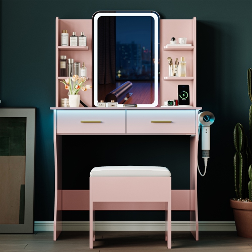 Vanity Desk with LED Lights Mirror & Power Outlet, Small Makeup Vanity Table Set with Storage Drawers & Chair, 3 Lighting Modes & Adjustable