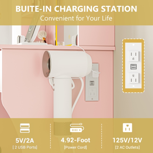Vanity Desk with LED Lights Mirror & Power Outlet, Small Makeup Vanity Table Set with Storage Drawers & Chair, 3 Lighting Modes & Adjustable