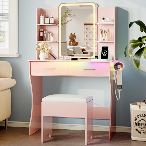 Vanity Desk with LED Lights Mirror & Power Outlet, Small Makeup Vanity Table Set with Storage Drawers & Chair, 3 Lighting Modes & Adjustable