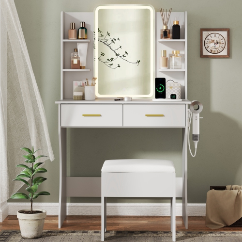 Vanity Desk with LED Lights Mirror & Power Outlet, Small Makeup Vanity Table Set with Storage Drawers & Chair, 3 Lighting Modes & Adjustable