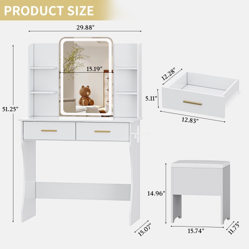 Vanity Desk with LED Lights Mirror & Power Outlet, Small Makeup Vanity Table Set with Storage Drawers & Chair, 3 Lighting Modes & Adjustable