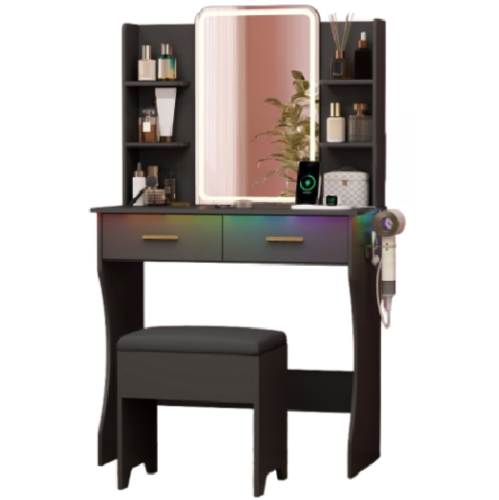 Vanity Desk with LED Lights Mirror & Power Outlet, Small Makeup Vanity Table Set with Storage Drawers & Chair, 3 Lighting Modes & Adjustable