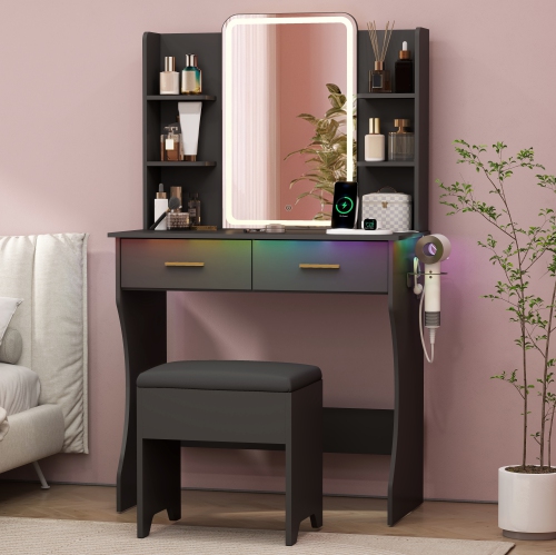 Vanity Desk with LED Lights Mirror & Power Outlet, Small Makeup Vanity Table Set with Storage Drawers & Chair, 3 Lighting Modes & Adjustable