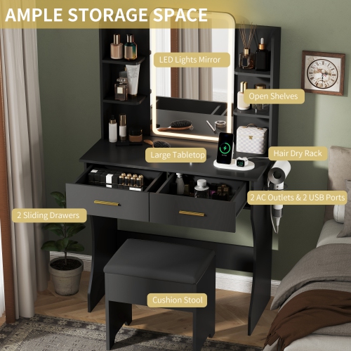 Vanity Desk with LED Lights Mirror & Power Outlet, Small Makeup Vanity Table Set with Storage Drawers & Chair, 3 Lighting Modes & Adjustable