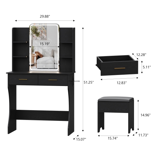 Vanity Desk with LED Lights Mirror & Power Outlet, Small Makeup Vanity Table Set with Storage Drawers & Chair, 3 Lighting Modes & Adjustable