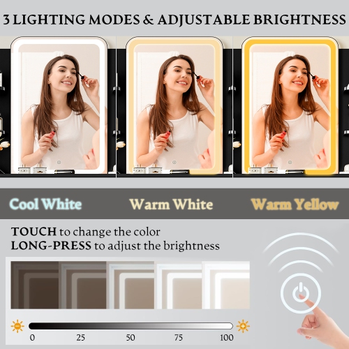 Vanity Desk with LED Lights Mirror & Power Outlet, Small Makeup Vanity Table Set with Storage Drawers & Chair, 3 Lighting Modes & Adjustable