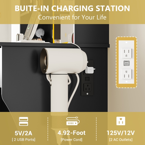 Vanity Desk with LED Lights Mirror & Power Outlet, Small Makeup Vanity Table Set with Storage Drawers & Chair, 3 Lighting Modes & Adjustable