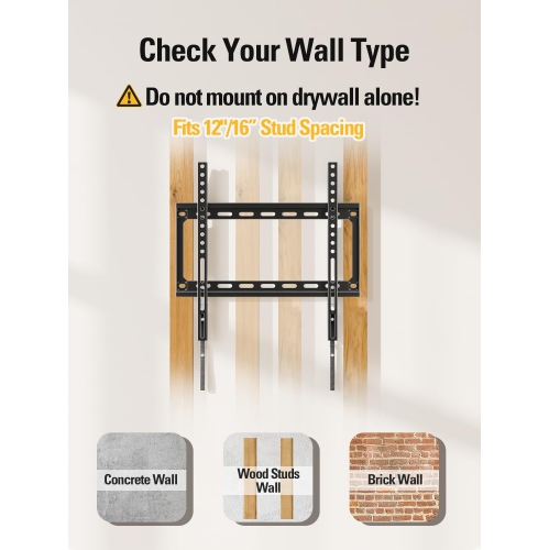 TV Wall Mounts for Most 26-55" LED, LCD, Plasma TVs, Low Profile TV Mount fits 12", 16" Wood Studs, Fixed TV Bracket up To VESA 400 x 400mm and 100