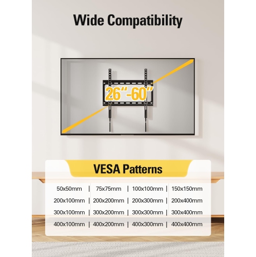 TV Wall Mounts for Most 26-55" LED, LCD, Plasma TVs, Low Profile TV Mount fits 12", 16" Wood Studs, Fixed TV Bracket up To VESA 400 x 400mm and 100