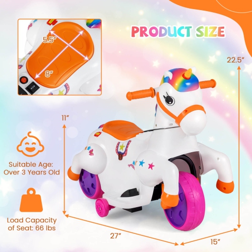 Licorne jouet porteur pour enfants 12&nbsp;V de Costway avec roues d'entraînement musique; Cheval jouet démarrage à un bouton rouge/bleu/rose