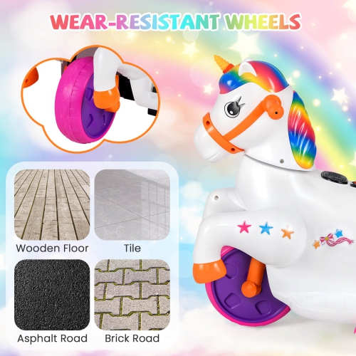 Licorne jouet porteur pour enfants 12&nbsp;V de Costway avec roues d'entraînement musique; Cheval jouet démarrage à un bouton rouge/bleu/rose