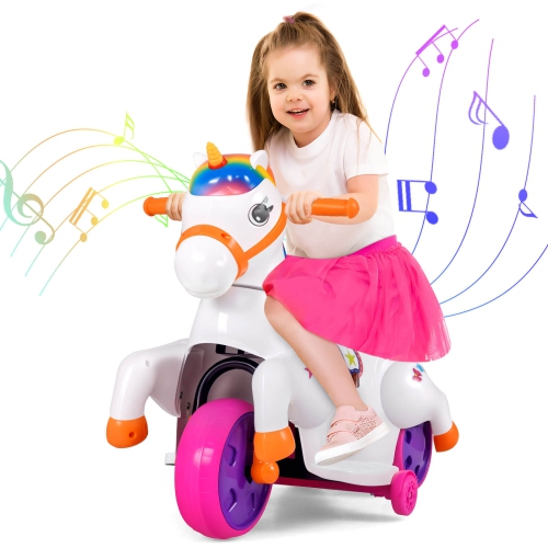Licorne jouet porteur pour enfants 12&nbsp;V de Costway avec roues d'entraînement musique; Cheval jouet démarrage à un bouton rouge/bleu/rose