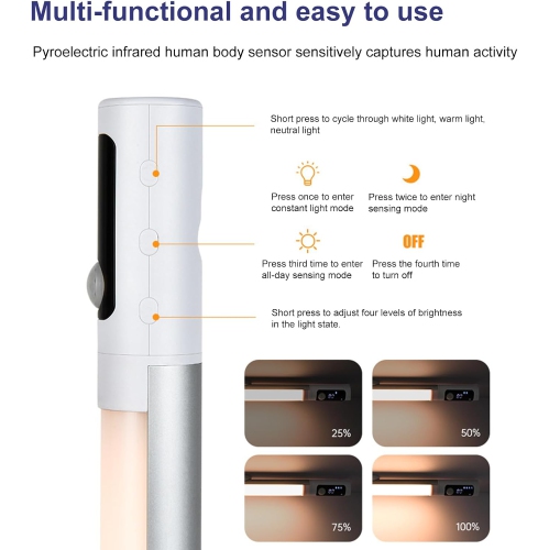 Under cabinet lighting, wireless kitchen closet light, Type-C charging port, 3 color levels, magnetic wireless night light, motion sensor cabinet