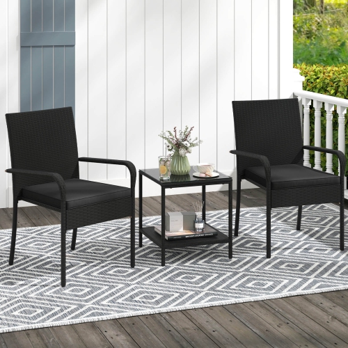 Ensemble de meubles de patio 3 PCS de Costway avec table à 2 niveaux en verre trempé et coussins souples Blanc/Noir/Brun