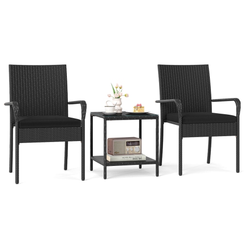 Costway 3 PCS Patio Furniture Set with 2-Tier Table Tempered Glass Tabletop & Soft Cushions White/Black/Brown