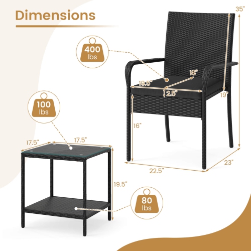 Costway 3 PCS Patio Furniture Set with 2-Tier Table Tempered Glass Tabletop & Soft Cushions White/Black/Brown