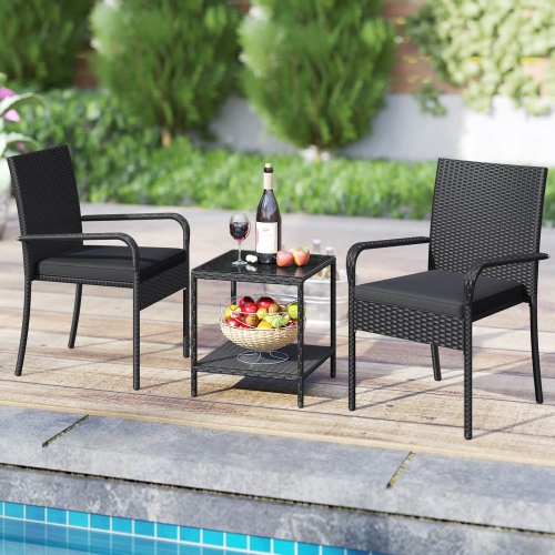 Costway 3 PCS Patio Furniture Set with 2-Tier Table Tempered Glass Tabletop & Soft Cushions White/Black/Brown