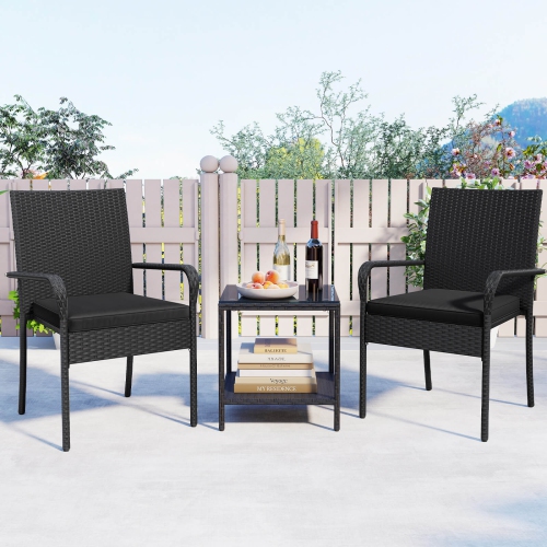 Costway 3 PCS Patio Furniture Set with 2-Tier Table Tempered Glass Tabletop & Soft Cushions White/Black/Brown