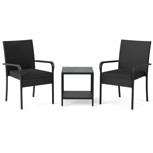 Costway 3 PCS Patio Furniture Set with 2-Tier Table Tempered Glass Tabletop & Soft Cushions White/Black/Brown