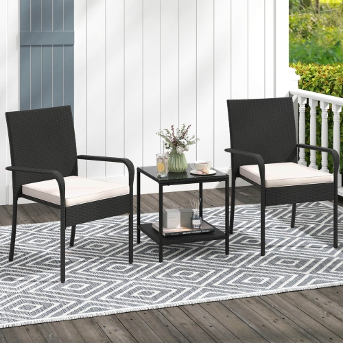 Ensemble de meubles de patio 3 PCS de Costway avec table à 2 niveaux en verre trempé et coussins souples Blanc/Noir/Brun
