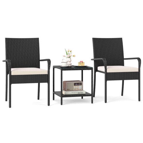 Costway 3 PCS Patio Furniture Set with 2-Tier Table Tempered Glass Tabletop & Soft Cushions White/Black/Brown