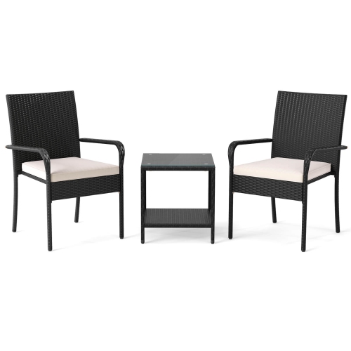 Costway 3 PCS Patio Furniture Set with 2-Tier Table Tempered Glass Tabletop & Soft Cushions White/Black/Brown