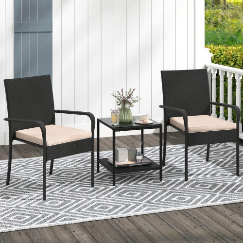 Costway 3 PCS Patio Furniture Set with 2-Tier Table Tempered Glass Tabletop & Soft Cushions White/Black/Brown