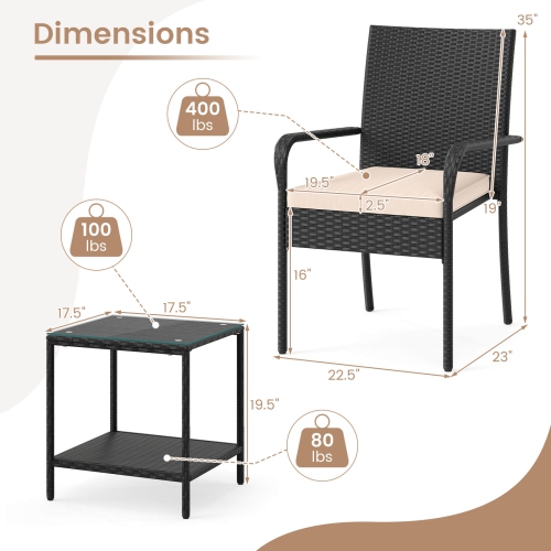 Costway 3 PCS Patio Furniture Set with 2-Tier Table Tempered Glass Tabletop & Soft Cushions White/Black/Brown