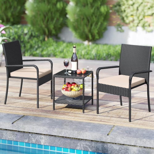 Costway 3 PCS Patio Furniture Set with 2-Tier Table Tempered Glass Tabletop & Soft Cushions White/Black/Brown