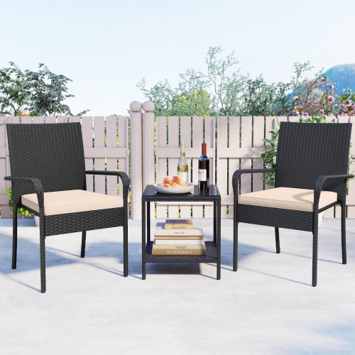 Costway 3 PCS Patio Furniture Set with 2-Tier Table Tempered Glass Tabletop & Soft Cushions White/Black/Brown