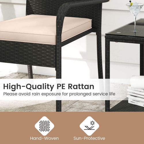 Costway 3 PCS Patio Furniture Set with 2-Tier Table Tempered Glass Tabletop & Soft Cushions White/Black/Brown