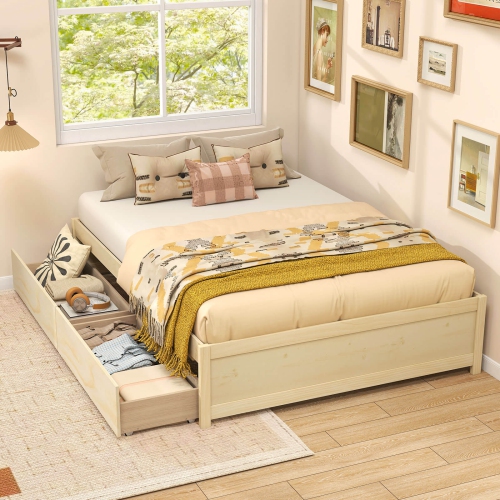 Costway Full/Queen Size Wooden Platform Bed with 2 Rolling Storage Drawers Wood Slat Support Natural/White