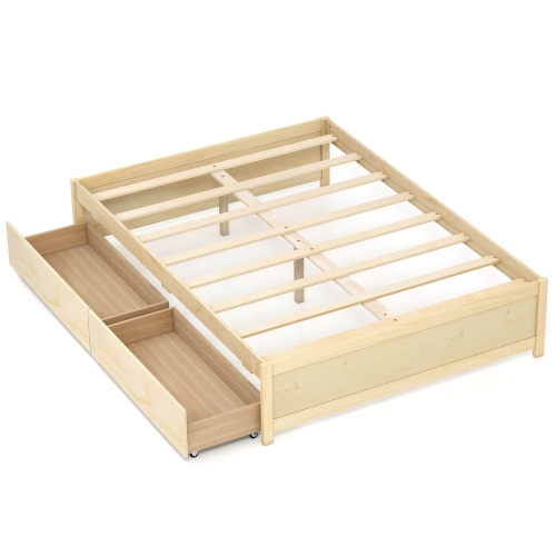 Costway Full/Queen Size Wooden Platform Bed with 2 Rolling Storage Drawers Wood Slat Support Natural/White