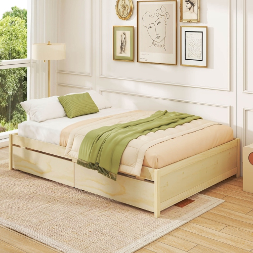 Costway Full/Queen Size Wooden Platform Bed with 2 Rolling Storage Drawers Wood Slat Support Natural/White