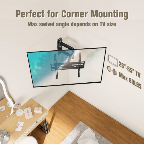 Full Motion TV Wall Mount Corner Bracket with Center Design for Most of 26-55 Inch LED, LCD, OLED Flat Screen TV, with Swivel Articulating Arm, up to